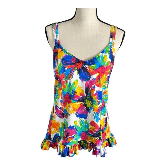 Swim Solutions Women's Triple Tier Printed Tankini Top Swimwear Multi Size 16 - Picture 4 of 14